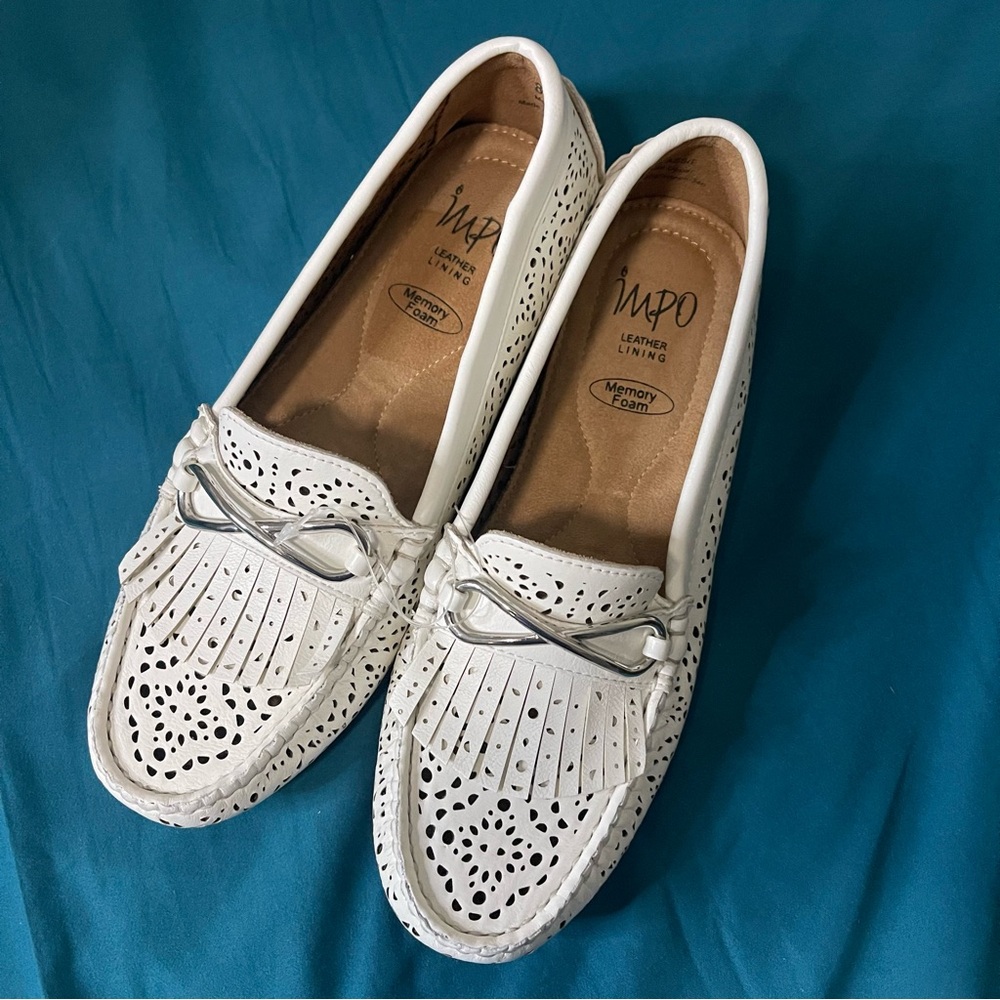 Impo White Flats with Perforated Design and Decorative Fringe